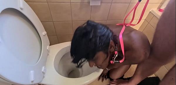  Desi whore gets walked like a dog to the toilet to get her face pissed on and sucks cock
